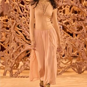 Ulla Johnson Peach Lace-Up Long Sleeve Maxi Dress